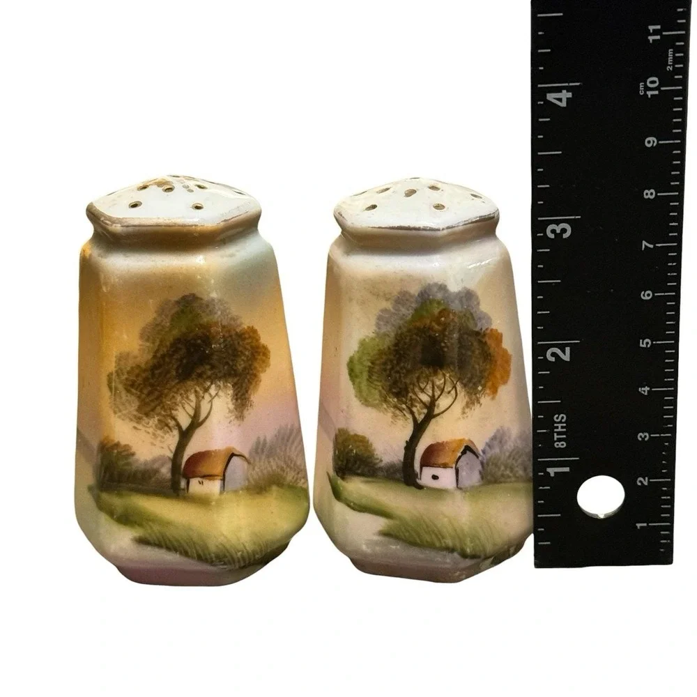 Vintage Nippon Hand Painted Japan Salt Pepper Shakers Cottage Landscape